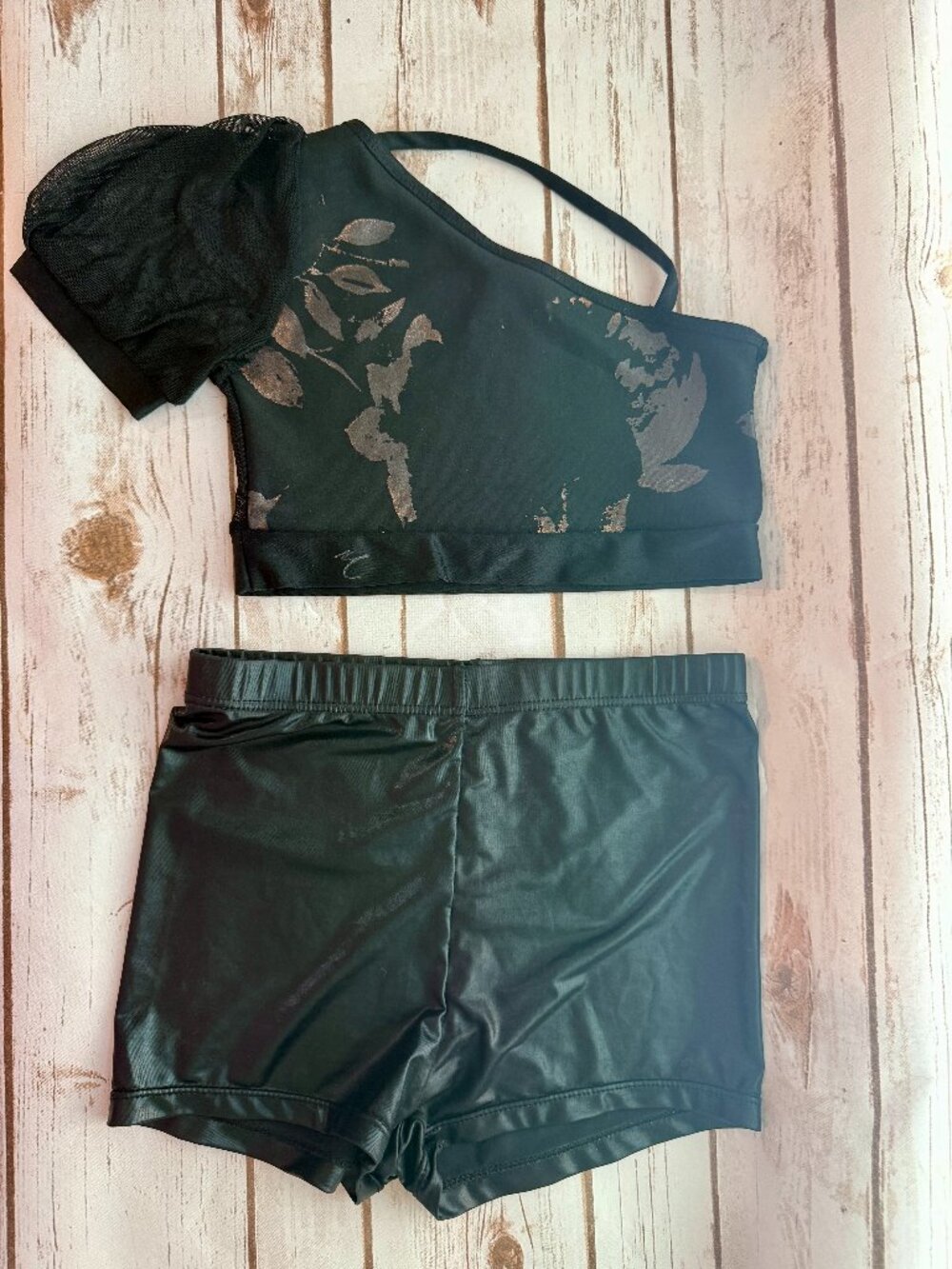 Girls MC Dance Convention Set Black Silver Rose Mesh Top Balera Shorts